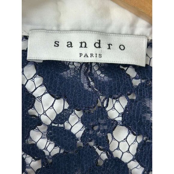 Sandro Paris Top Women's 1 Blue Lace Floral Long Sleeve Button Up Collar Sheer - Picture 8 of 16